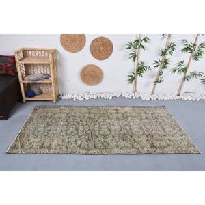 Alfombra Vintage de Lana de Origen Turco, Ecológica, de Pelo Medio, Verde Beige, Diseño Clásico de Patchwork, Hecha a Mano, Rectangular, para Pasillo - Product Image 1