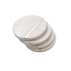<b>White</b> Round Marble with Brass Inlay Luxury Tea Cup Stone Coaster Marble Stone & Metal Inlay Cup Coasters Custom Size - Product Image 1