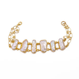 Natural White <b>Pearl</b> Gemstone Rectangular Shape <b>Bracelet</b> <b>Gold</b> Plated Bezel Set Birthstone Bangle <b>Bracelet</b> Handmade Design Jewelry - Product Image 1