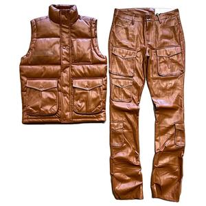 Custom leather tracksuit set with embroidered quilted <b>vest</b> and stacked flare cargo pants for men BLACK BROWN - Product Image 1
