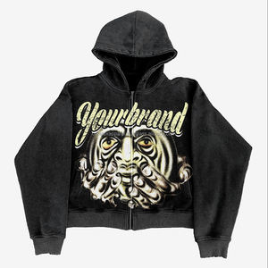 Sweat à capuche personnalisé avec broderie appliquée, fermeture éclair, sweat à capuche lourd en molleton français, lavage à l'acide, vintage, pour hommes - Product Image 2