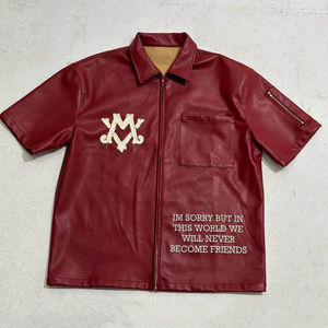 Custom Logo High Quality Streetwear Design <b>Mens</b> Short Sleeve Leather Shirts Hip Hop <b>Zip</b> <b>up</b> Streetwear Drop Shoulder T-shirts - Product Image 4