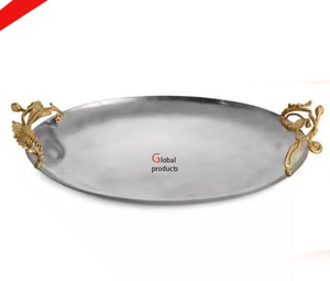 Bandeja de servicio con acabado plateado de forma ovalada de diseño clásico con hermoso mango dorado para restaurante y bar de hotel - Product Image 1
