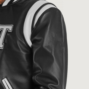 <b>Men's</b> PU Leather Varsity <b>Jacket</b> Preppy Style Turn-down Collar Single Breasted <b>Letter</b> T Patch Design Black White Stripes - Product Image 6