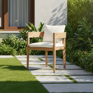 Chaise de salle à manger en teck massif moderne de bonne qualité avec tissu imperméable pour une utilisation en extérieur dans les villas, les maisons, les hôtels et les parcs - Product Image 1