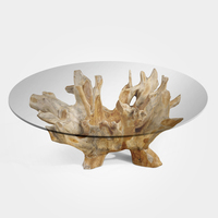Table Basse Minimaliste Style Antique en Racine de Teck Indonésien avec Plateau en Verre, Meuble de Salon en Bois Massif pour Maison et Villa – Offre Spéciale