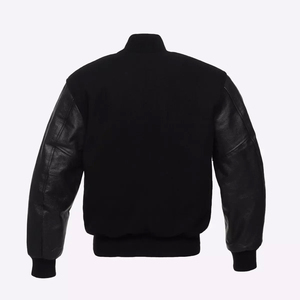 Veste universitaire d'hiver entièrement noire avec logo personnalisé 2025, manches en cuir, col montant, broderie imprimée sur le devant, marque personnalisée - Product Image 3