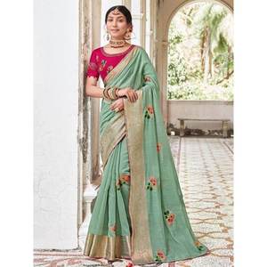 Sari en coton brodé vert mer fascinant avec chemisier pour les mariages - Product Image 1