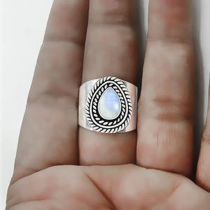 Anillo de piedra lunar arcoíris hecho a mano 925 Plata de Ley sólida Fuego Azul Natural Arco Iris piedra lunar 925 estampado anillo hecho a mano joyería - Product Image 4