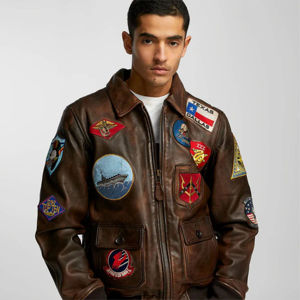 Vente en gros 2024 combinaison de vol en cuir multi-standard personnalisée pour hommes Top Gun col en fourrure d'agneau décontracté matelassé marron vestes pour hommes - Product Image 5