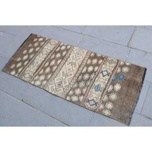 Turkish Vintage Small Rug 1.7x4 ft, <b>Brown</b> Blue Polka dot <b>Wool</b> Rug - Product Image 2