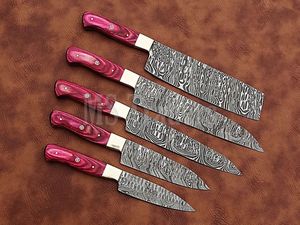 Juego de Cuchillos de Chef de Acero de Damasco de 5 Piezas, Hechos a Mano, Calidad Premium con Mango de Madera, Funda de Cuero Personalizable OEM - Product Image 5