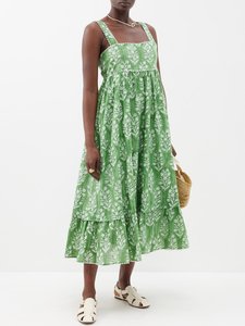 Vestido Midi de Algodón Jersey Transpirable con Estampado Floral Verde, Cuello Cuadrado, Corte A, Sin Mangas, Estilo Casual Prairie Chic de Verano con Volantes y Cintura Imperio - Product Image 5