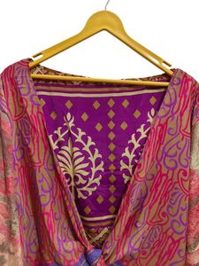 Vestido corto de seda con parte superior de tamaño libre, Top cruzado de tela Sari vintage, Top bohemio con estampado floral - Product Image 2