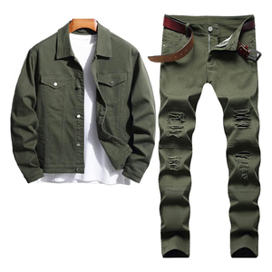 ชุดผ้ายีนส์ผ้ายีนส์2ชิ้นสำหรับผู้ชายชุดแจ็กเก็ตยีนส์และกางเกงแนววินเทจสำหรับผู้ชายกางเกงยีนส์สีเข้าคู่กับกางเกงยีนส์ - Product Image 1