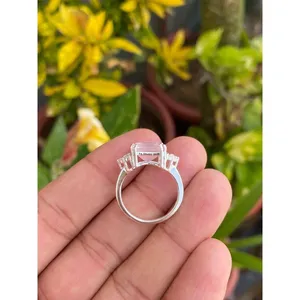 925 <b>Silver</b> Gemstone <b>Ring</b> with <b>Emerald</b> Cut Rose Quartz Statement Pear Shape Fine Jewelry for Engagement - Product Image 4