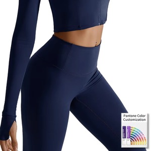 Twill vente en gros femmes taille haute cheville longueur solide Gym Leggings 3-Pack bleu marine sauge vert noir extensible Squat-Proof - Product Image 5