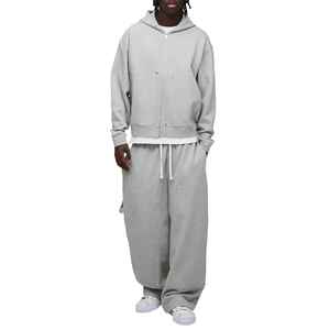 Survêtement deux pièces surdimensionné à fermeture éclair sur jambe large en coton éponge doux 350 g/m² Survêtement Streetwear pour hommes - Product Image 3