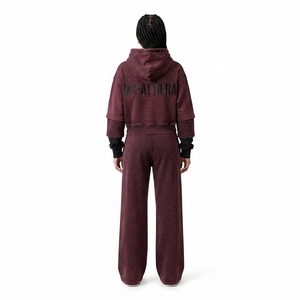 Custom <b>Women</b> Burgundy Acid Wash Cropped Hoodie Wide Leg <b>Jogger</b> Set Cotton Fleece Streetwear Tracksuit OEM - Product Image 2