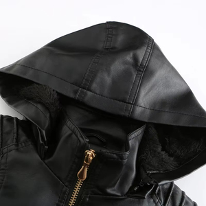 Chaqueta de moto de invierno XL para mujer, lana transpirable, piel de oveja, cierre de cremallera, capucha de cuero con estilo de piel de vaca - Product Image 3