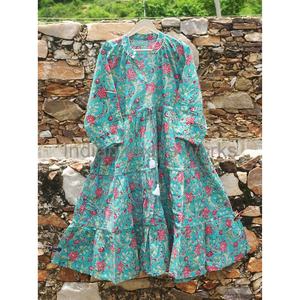 ชุดเดรสผ้าฝ้ายอินเดียลายดอกไม้ พิมพ์ลายบล็อก คอวี ติดกระดุมด้านหน้า สไตล์โบฮีเมียน แขนพอง ชุดเดรสยาวสำหรับวันหยุด สวยงาม - Product Image 5