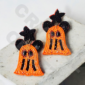 Vintage Black Cat Beaded <b>Earrings</b> for Women <b>Halloween</b> Patriotic Memorial Day Accessory Orange White Blue Colour Fabric Weddings - Product Image 2