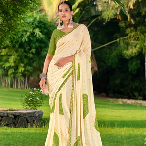 Saree en soie de mousseline de soie pure de style Bollywood avec bordure en dentelle perlée et pièce de chemisier belle couleur tenue de fête d'Inde - Product Image 1