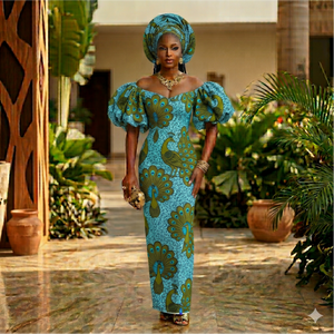 Vestido africano con estampado de cera en rosa y azul, con mangas abullonadas y pañuelo a juego para bodas y fiestas. - Product Image 2