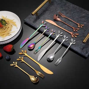 Mango en forma de hoja Mini cuchillo de acero inoxidable Cuchara Tenedor para niños Cuchara de café y tenedor de fruta Regalo de inauguración de la casa - Product Image 2