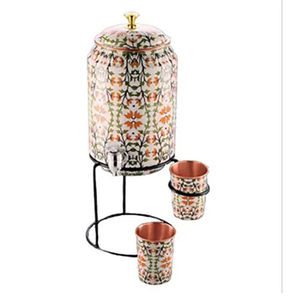 Refroidisseur d'eau en cuivre 100% avec support imprimé et design 2 verres pour camping et distributeur et pot d'eau potable - Product Image 1