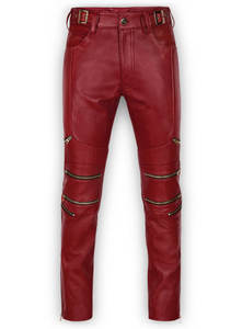 Pantalones de piel auténtica para hombre, calzas informales con logotipo personalizado, Color rojo cereza - Product Image 4