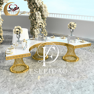 Wedding Furniture Customized Romantic&Elegant Modern Golden Stainless Steel Tempered Glass <b>Top</b> Half Moon Dining <b>Table</b> Set - Product Image 6