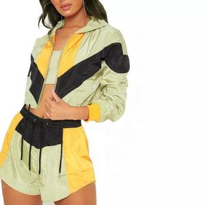 Wholesale Custom Women's <b>Short</b> Windbreaker Tracksuits Sets High Waist Color Block Fabric Logo <b>Decoration</b> Washed Technics - Product Image 1