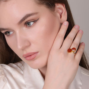 Dua แหวนพลอยคาลซิโดนีทรงกลมปรับได้ | เครื่องประดับแฮนด์เมดชุบทอง - Product Image 5