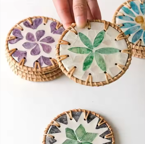 High Quality Classic Design Bamboo Rattan <b>Coasters</b> Hand-<b>Woven</b> with Mother-of-Pearl Inlay Sustainable Wicker Plate Dish Vietnam - Product Image 1