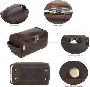Vintage Leather Toiletry Bag with Zipper Closure and Soft Handle Portable Cosmetic <b>Case</b> Medium Size - Product Image 3