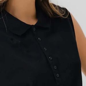 Index <b>Women's</b> Sleeveless <b>Polo</b> <b>Shirt</b> Solid <b>Black</b> Cotton Oxford Casual Fit Regular Length - Product Image 2