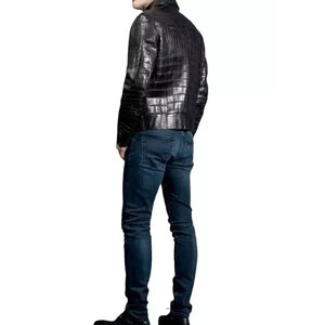 Chaqueta de cuero real con relieve de cocodrilo negro para hombre - Product Image 4
