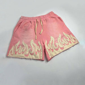 Pantalones cortos planos con cordón para exteriores, bolsillos laterales lavados con desteñidos al sol, parches de llama inferiores de Terry francés, pantalones cortos para hombre - Product Image 1