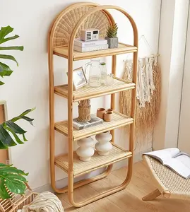 Estantería de ratán bohemio alto hecha a mano, elegante organizador rústico de exhibición y almacenamiento para sala de estar - Product Image 1