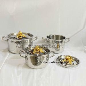 Ensemble de casseroles de luxe en acier inoxydable martelé avec boutons en forme de citrouille dorés, fabriqué à la main, écologique, design européen, compatible gaz et induction - Product Image 4