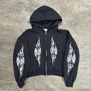 Sudaderas con capucha con cremallera de gran tamaño, ropa informal personalizada recortada con serigrafía Sun Faded Stone Wash, de algodón pesado desgastado - Product Image 2