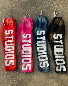 Pantalones de chándal apilados Vintage de algodón grueso desgastado con parte inferior de pierna ancha para hombres sueltos de lavado ácido bordado de alta calidad - Product Image 1