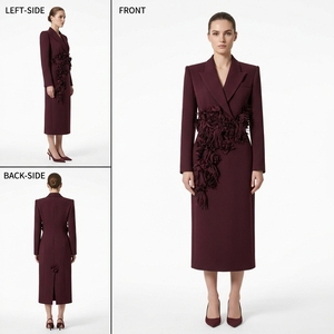 Ensemble jupe deux pièces bordeaux foncé prêt-à-porter pour soirée - Applique florale 3D, manches longues, épaules structurées, personnalisable OEM/ODM - Product Image 2