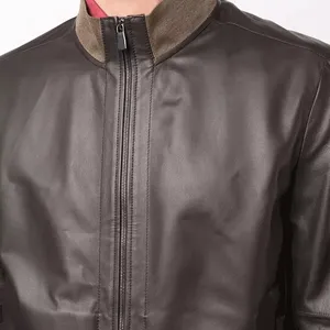 Veste en cuir véritable et toile pour homme, de qualité supérieure, fermeture éclair, col montant, design personnalisé, vente en gros - Product Image 3