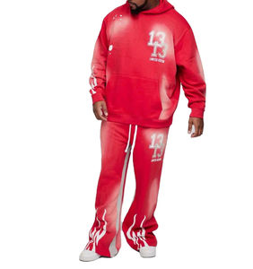 Survêtements d'hiver 2026 grande taille, style streetwear uni, en polaire à capuche, avec broderie effet vieilli, pantalon de survêtement évasé délavé à l'acide - Product Image 6