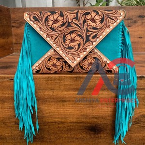 Bolso cruzado de cuero de gamuza con flecos a mano más vendido, bolso de hombro bohemio tallado Floral de cuero genuino occidental - Product Image 1