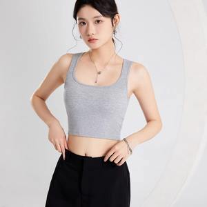 Débardeur court rétro pour femme, col carré, avec soutien-gorge intégré, rembourré, modal, été, protection solaire, veste de beauté - Product Image 2