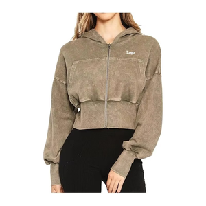 Personalizado Nuevo Diseño Vintage Logo Soft Wear Drop Shoulder Mujeres Hood Acid Wash Zipper Crop Hoodie - Product Image 1