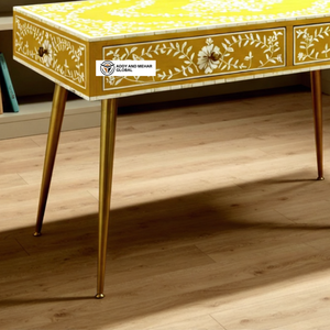 Vàng & Đen xương Inlay nghiên cứu bảng với ngăn kéo và lưu trữ thiết kế bàn viết có tính năng Chân kim loại vàng - Product Image 6